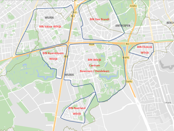 Plattegrond van Wilrijk met daarop de verschillende BIN-zones afgebakend Plattegrond van Wilrijk met daarop de verschillende BIN-zones afgebakend